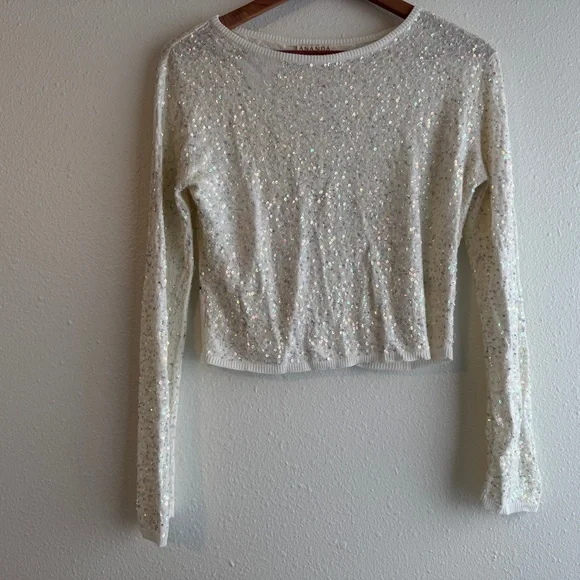 BHLDN Elegant Iridescent White Sequin Long Sleeve Sweater Bridal Cover Up Ananda - Picture 3 of 7